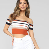 Spring And Summer Explosion Of Women's Stripes Lace Bare Back Shoulder Leakage Collarbone Short T-Shirt Women's Top