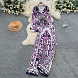 Vintage Fashion Positioning Print Strapping Belt Collar Long Sleeve Top Female High-Waist Broad Leg Straight Trousers Set