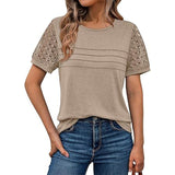 2025 New Women's Round Collar Casual T Overalls Solid Color Lace Sleeve Top