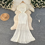 Korean Women's Clothing Holiday Wear Gentle Wind Hollow Hook Flower Knitting Dress + Sling Skirt