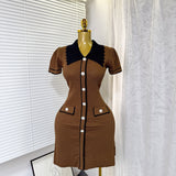 French Retro Trendy Polo Collar Short-Sleeved Dress Women's Summer Metal Buckle Waist Thin Knitted Skirt