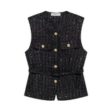 Belt And Beads Coarse Spinning Vest 2025 Spring Temperament Metal Buttonless Sleeveless Round Collar Body Jacket Woman
