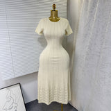 Summer New Elegant Round Neck Nails Hollow Slimming Temperament Short-Sleeved Knitted Dress Woman
