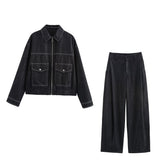 Spring 2025 New Set Jacket Jacket Denim Effect Folding Trousers Design Sense