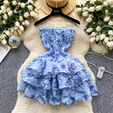 French Sweet Atmosphere Feel Bra Dress Women Summer Three-Dimensional Flowers Small Hot Babes Ponmp Short Skirt