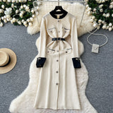 Autumn And Winter Small Fragrant Style Long-Sleeved Temperament Dress Elegant Metal Button Decoration Waist Open Fork Knitting Dress