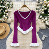 Clamming Striped Knitted Shirt Autumn Lotus Side Hem Horn Sleeves Slimmed Out Of The Bottom Coat