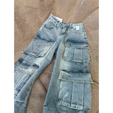 Vintage Multi-Pocket Workwear Jeans Women's Large Street Vibe High-Waist Broad Legs Casual Straight Pants