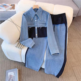 Cowboy Splicing Fashion Casual Set Spring And Autumn New Long Sleeve Top + Broad Legs Long Pants Two Sets