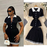 Pure Hot Babes Hit The Color Polo Collar Short-Sleeved Shirt Top + High Waist Thin 100-Folded Skirt Two Sets Of Summer