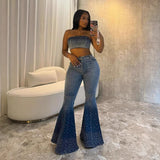 Fashion Hot Diamond Cowboy Suit Women's Summer Sleeveless Chest Vest + High-Waisted Denim Horn Trousers