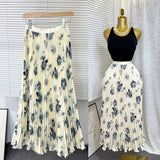 New Tight Waist High Waist Crums Sweet A-Shaped Skirt Women's Long Print 100-Fold Skirt