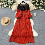 Autumn Retro Court Style Heavyweight Embroidered Long Hundred Folds Bubble Bubble Sleeve Dress Female 100 Folds