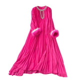 Autumn 2025 New Elegant Solid Dress Round Collared Loose Hair Splicing 100 Folding Long Dress