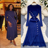 Autumn 2025 French Elegant Temperament Metal Button Repair Waist Long Pit Knitted Dress Woman