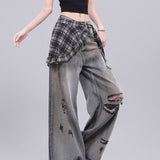 Vintage High Street Design Hair-Side Micro-Tipped Jeans Women Autumn Low-Rise Loose Thin Broad Leg Trousers