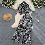 Salt-Lineed Light Style Suit Women's Fashion With Loose Short Print Shirt + High Waist Display Thin Leg Slacks