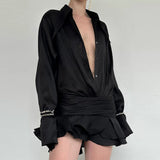 Spring 2025 Fashion Trend Women's New Collar V Collar Horn Sleeve Mesh Repair Dress