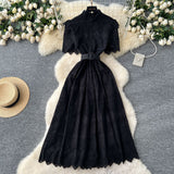 Noble Lady Dress 2025 Summer Waists Slim Collar Short-Sleeved Hollow Hook Embroidery Single Row Buckle Dress