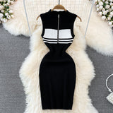 Polo Collar Striped Knitted Vest Dress Summer High-End Sensiastic Hottie Sexy Slimming Bag-Butt Dress