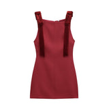 Solid-Colored Sexy Body-Claming Square Skirt 2025 Spring Sling Velvet Bow Mini Dress
