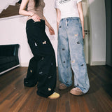 Cartoon Puppy Embroidered Fashion Casual Jeans Men's Fashion Spring Couple Straight Trousers Loose Niche Casual Trousers
