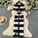 Small Fragrant Style High-End Hair-Side V-Neck Short-Sleeved Knitted Dress Women's Summer Waist Single Buckle-Clove Long Dress