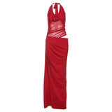 2025 Spring And Summer New Women's Temperament Retro Fake Two Hanging Neck V-Neck Empty Net Yarn Dress Woman