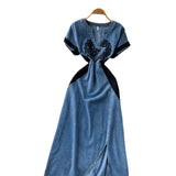 Vintage Elegant Denim Dress Woman 2025 Summer High-End Heavy Industry Diamond Embroidery Waist V-Neck Short-Sleeved Long Dress