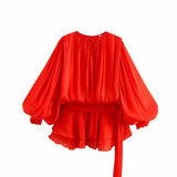 Three-Color Bubble Sleeve Lotus Side Wrinkle Skirt 2025 Spring And Summer Lace With Round Tie Waist Mini Dress