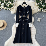 Autumn And Winter Small Fragrant Style Long-Sleeved Temperament Dress Elegant Metal Button Decoration Waist Open Fork Knitting Dress