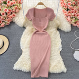 Tight-Up Thin Collar Knitted Dress Short Sleeve 2025 Summer New Temperament Sexy Hot Ass Long Skirt