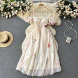 French One-Word Shoulder-Scaring Dress Women's Summer Gentle Wind To Close The Waist Mashed Flowers Bubble Sleeve Yarn Fairy Dress