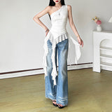 2025 Summer Fashion Trend Women's New Slant Shoulder Repair Letter Drill Irregular Vest Woman