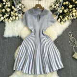 French-Style Retro-Necked Short-Sleeved Striped Knitted Dress Female Waist Temperament Thin A-Word Dress