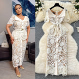 High-End Small Scented Dress Female Elegant Diamond Buckle Clame Collar Short-Sleeved Hollow Lace Dress