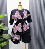 Fashion Set European Dress Design Butterfly Set Drill Short Sleeve T-Shirt Blouse Woman + Tight Waist Broad Leg Shorts Two Sets