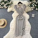Korean Chic Summer Dress Niche Retro Polo Collar Short-Sleeved Striped Dress Female Waist Temperament Open Long Dress