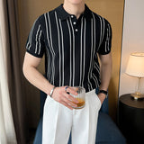 Fashion Summer High-End Short-Sleeved Men's Fashion Brand Striped Collar Ice Silk Knitted Half-Sleeved T-Shirt For Men