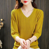 V-Neck Seven-Sleeved T-Shirt Women's Mid-Sleeve Top Ice Knitted Shirt Thin Mother Spring T-Shirt Elegant