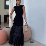 Autumn's New Black Sleeveless Fashion Tweed Splicing Women's Knitted Fan Skirt Elegant