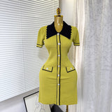 French Retro Trendy Polo Collar Short-Sleeved Dress Women's Summer Metal Buckle Waist Thin Knitted Skirt