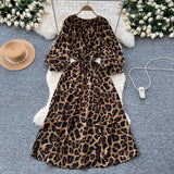 French Retro Niche Print Dress Woman 2025 Autumn Strap To The Waist Round Lantern Sleeves Thin Dress