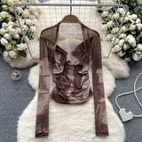 Spice Girls Tie-Dye Mesh Jersey Long-Sleeved T-Shirt Girl Thin Perspective Temperament Fashion Folding Top