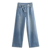 2025 Women's Autumn New Design Sense Fashion Asymmetrical Double Waist High-Waist Wide-Legged Jeans