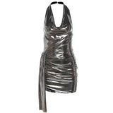 2025 Winter New Women's Clothing Hanging Neck Bare Back Sexy Body Repair Kitb Bright Face Dress Woman
