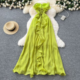 Holiday Style Dress 2025 Summer French Sexy Chest To Close Waist Thin Open Lotus Leaves Side Irregular Dress