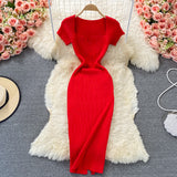 Tight-Up Thin Collar Knitted Dress Short Sleeve 2025 Summer New Temperament Sexy Hot Ass Long Skirt