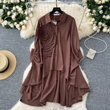 Korean Version Of High-End Sense Polo Collar Shirt Women Autumn Three-Dimensional Flowers Loose Irregular Folding Tail Design Top
