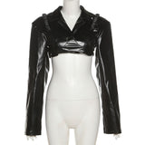 Autumn 2025 Fashion Trend Women's New Long-Sleeved Collar Open Umbilled Slimming PU Leather Top